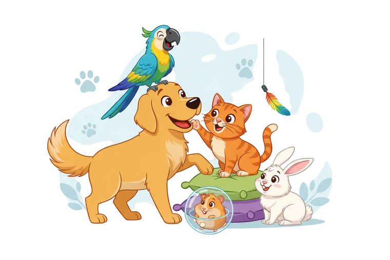multiple types of pets in animated style